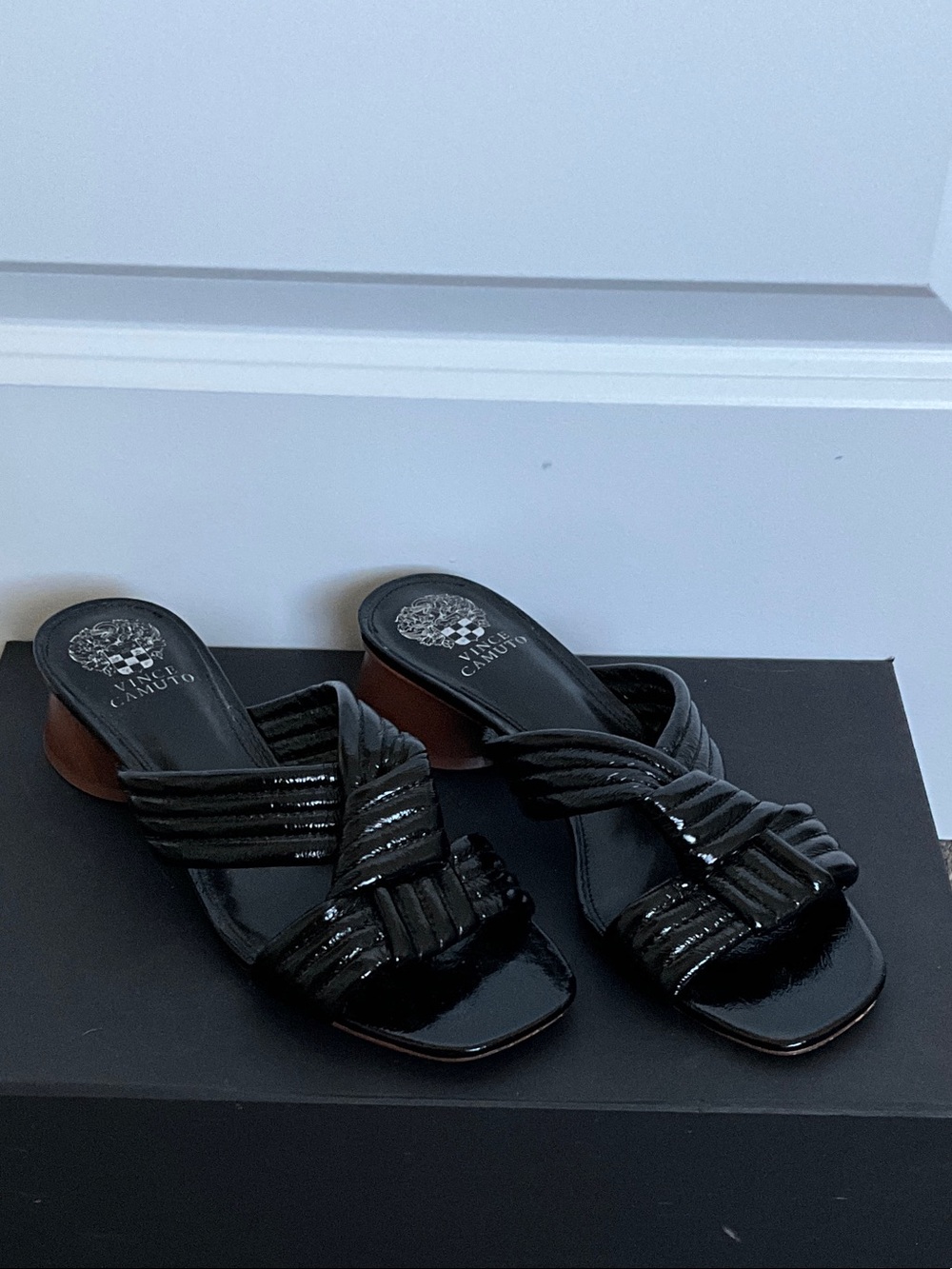 Vince Camuto Black Patent Braided Slide Mules